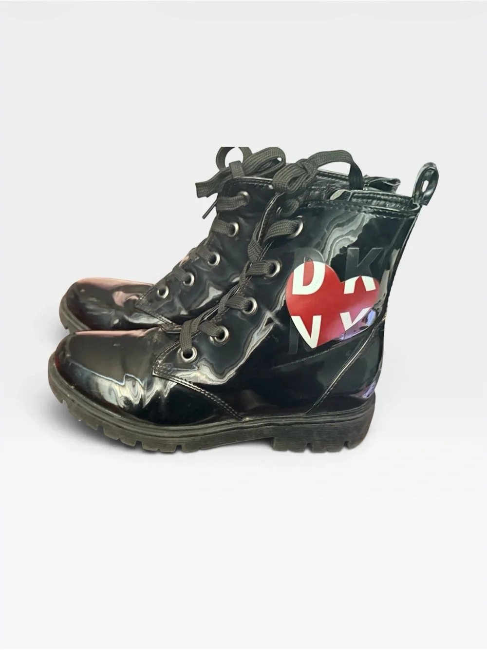 DKNY Black Patent Lace-Up Combat Boots with Red Heart Logo